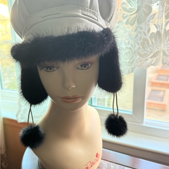 Black Mink Fur Hat&  White lambskin genuine leather main image 13